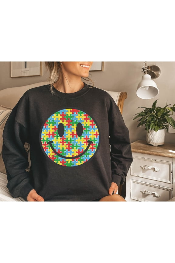 Autism Awareness Smiley Face , Perfect Gift For Autism Advocacy, Cheerful Autism Smiley Face Sweater, Show Support & Love