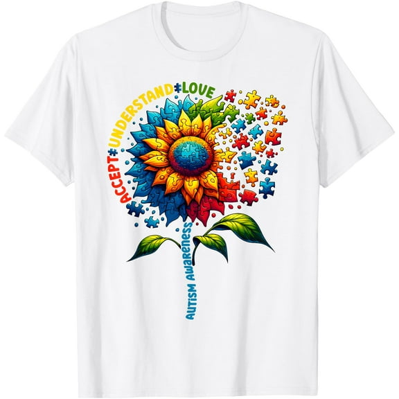 Autism Awareness Sunflower Jigsaw Unisex T-Shirt for Men Women Kids Toddler,White Color,Size 3T