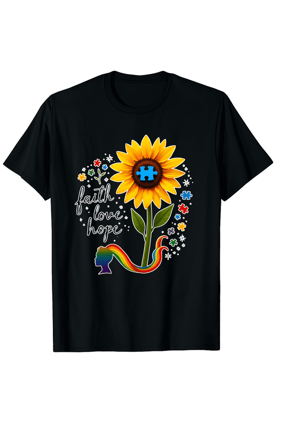 Autism Awareness Sunflower Silhouette Rainbow Hair Faith Love Hope Short Sleeve T-Shirt for Women Men Supporters Caregivers