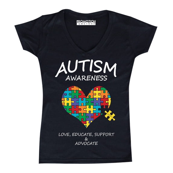 Autism Awareness Support Heart Puzzle Women's V-neck, M, Black (Multicolor)