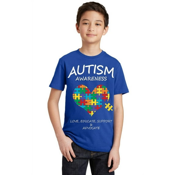 Autism Awareness Support Heart Puzzle Youth T-shirt, Youth XS, Royal (Multicolor)