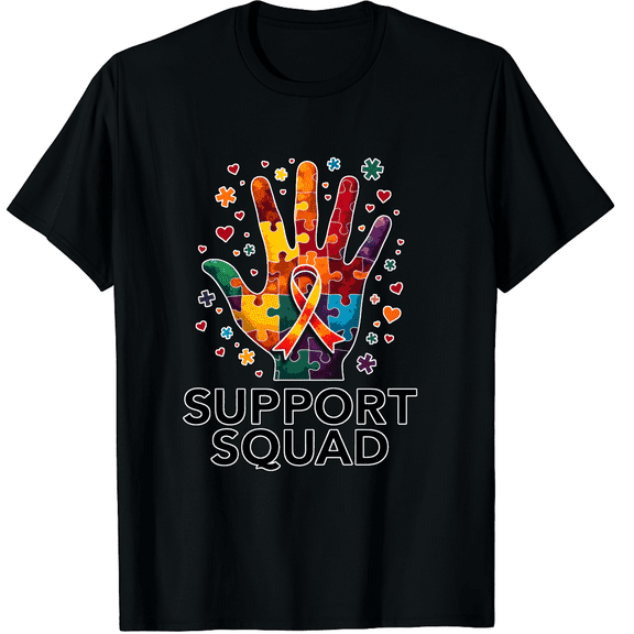 Autism Awareness Support Squad Puzzle Hand Ribbon Colorful Graphic Short Sleeve T-Shirt for Women Men Team