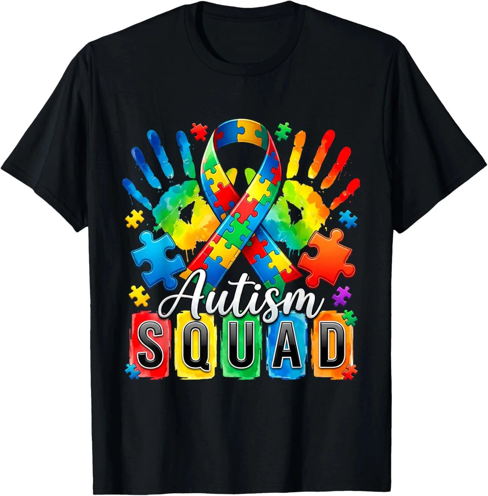 Autism Awareness Support Squad Puzzle Ribbon Heart Graphic Unisex T-Shirt, S-5XL