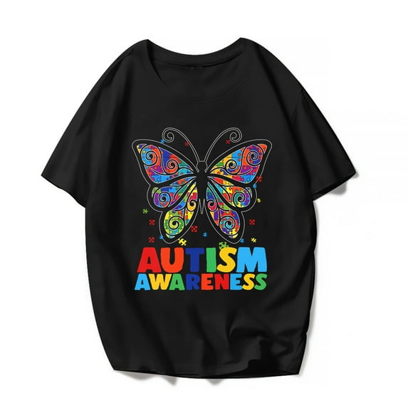 Autism Awareness T-Shirt Women Men Butterfly Graphics Casual Short Sleeve Shirts Summer Tops Gift Tee Black XX-Large