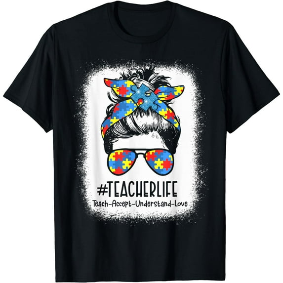Autism Awareness Teacher shirt Messy Bun Teacher Autism T-Shirt
