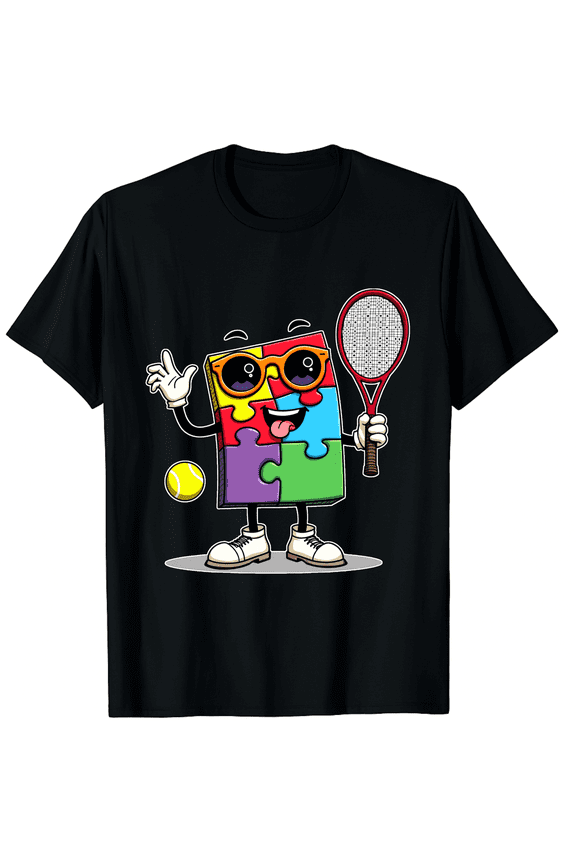 Autism Awareness Tennis Puzzle Block Character Short Sleeve T-Shirt for Women Men Sports Gift