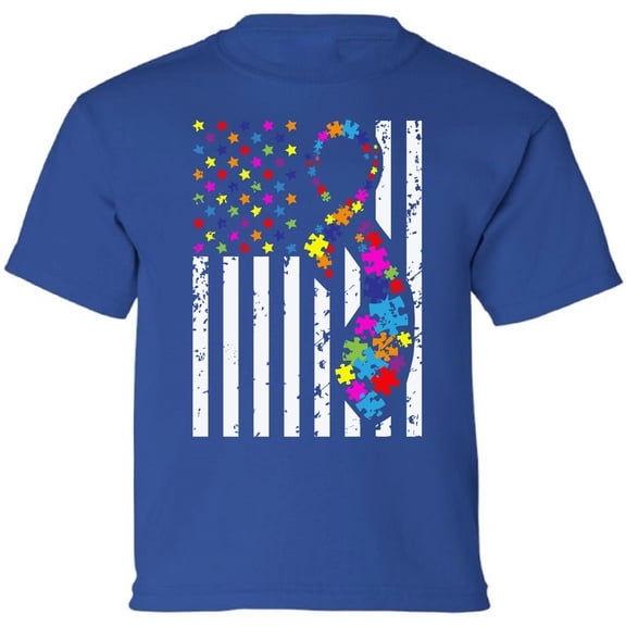 Autism Awareness USA Flag American XS S M L XL Graphic T-Shirt for Kids Youth Tee for Boys Girls