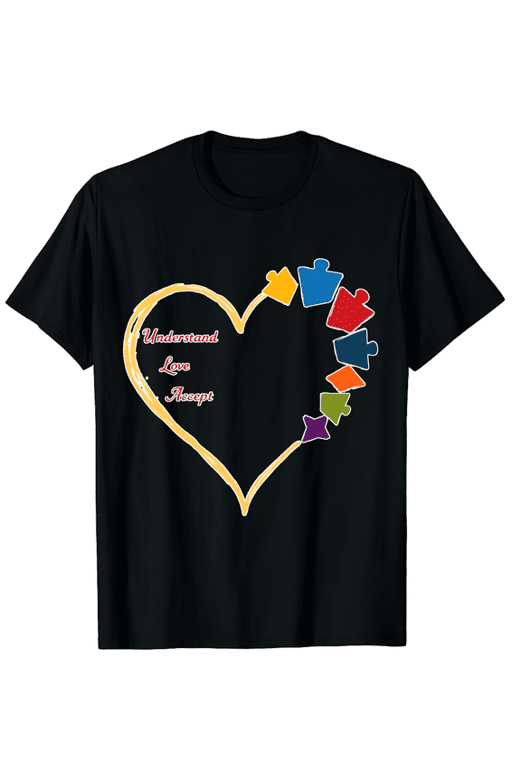 Autism Awareness Understand Love Accept Heart Sketch Colorful Puzzle Pieces Short Sleeve T-Shirt for Women Men Support Group
