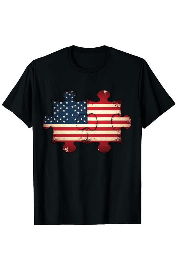 Autism Awareness United States Flag Interlocking Design Short Sleeve T-Shirt for Women Men Patriot Support Top