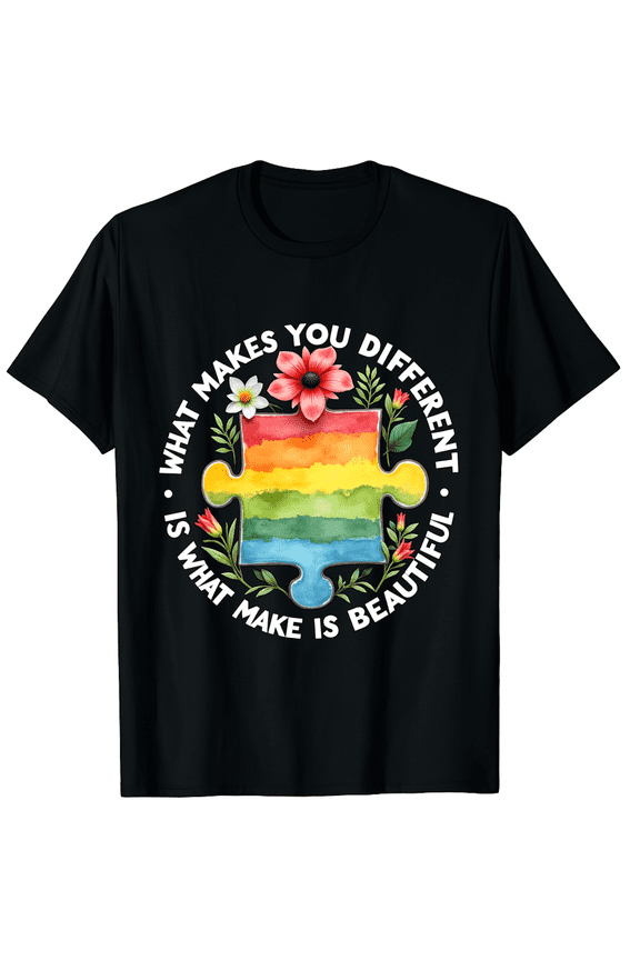 Autism Awareness What Makes You Different Is Beautiful Rainbow Puzzle Short Sleeve T-Shirt for Women Men Flower Garden Style