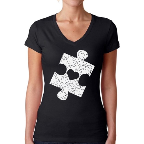 Autism Awareness Women V Neck Shirt Puzzle Graphic Novelty Tee Autism Outfit for Her Love Support Gifts