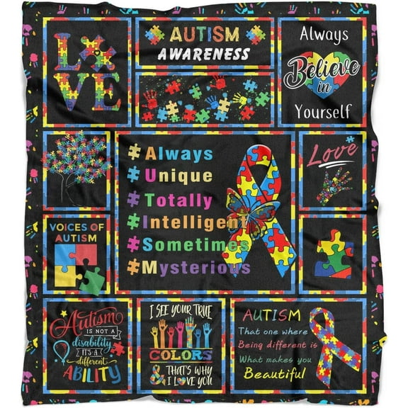 Autism Blanket Puzzle Cure Awareness Flannel Throw Gift for Childs Teens Adults Super Soft Lightweight Breathable Bed Sofa Couch Meaningful Colorful Foldable Unisex 100x130 Black 40x50