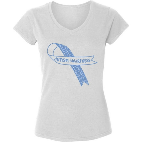 Autism Blue Ribbon V-Neck T-Shirt for Women - Autism Awareness Puzzle Graphic Tee