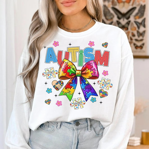 Autism Bow Sweatshirt, Autism Awareness Crewneck, Coquette Bow Pullover, Autism Ribbon Sweatshirt, Support Autism Shirt