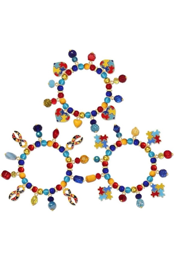 Autism Bracelets Set 3Pcs Colorful Puzzle Heart Ribbon Charms Beaded Stretchy, Crystal, Style B6441