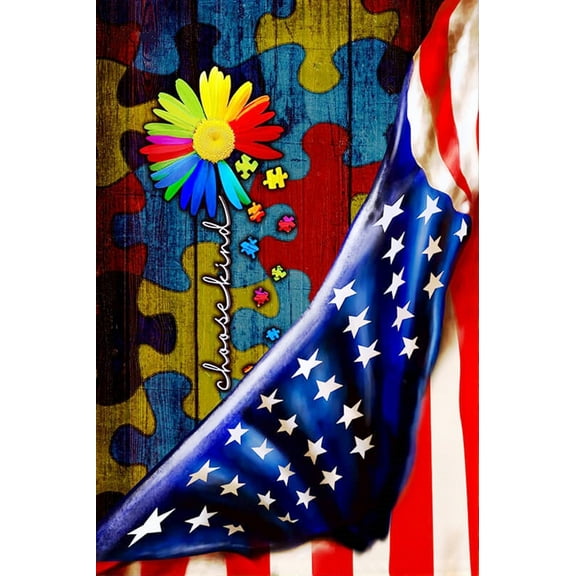 Autism Choose Kind American Flag Puzzle Piece Sublimated Double Sided Deluxe Garden Flag 12" x 18" 3ply 600 Denier 110 Knitted Polyester SGF015