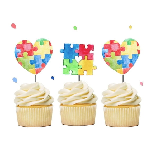 Autism Cupcake Toppers 12 Count, Puzzle Cake Picks Decor, Colorful Heart Birthday Decoration Spectrum Awareness Party Supplies, ASD