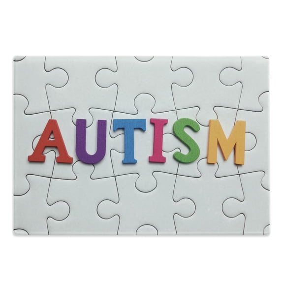 Autism Cutting Board, Completed Puzzle Pieces with Calligraphy Representing a Neurological Disability, Decorative Tempered Glass Cutting and Serving Board, in 3 Sizes, by Ambesonne