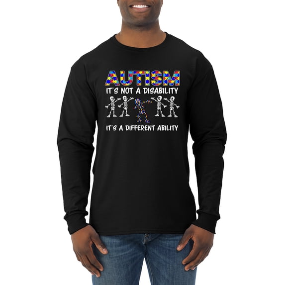 Autism Is Not A Disablity It’s A Different Abilty | Autism Awareness Dabbing Skeleton Inspirational Christian Mens Long Sleeve Shirt, Black, 3X-Large