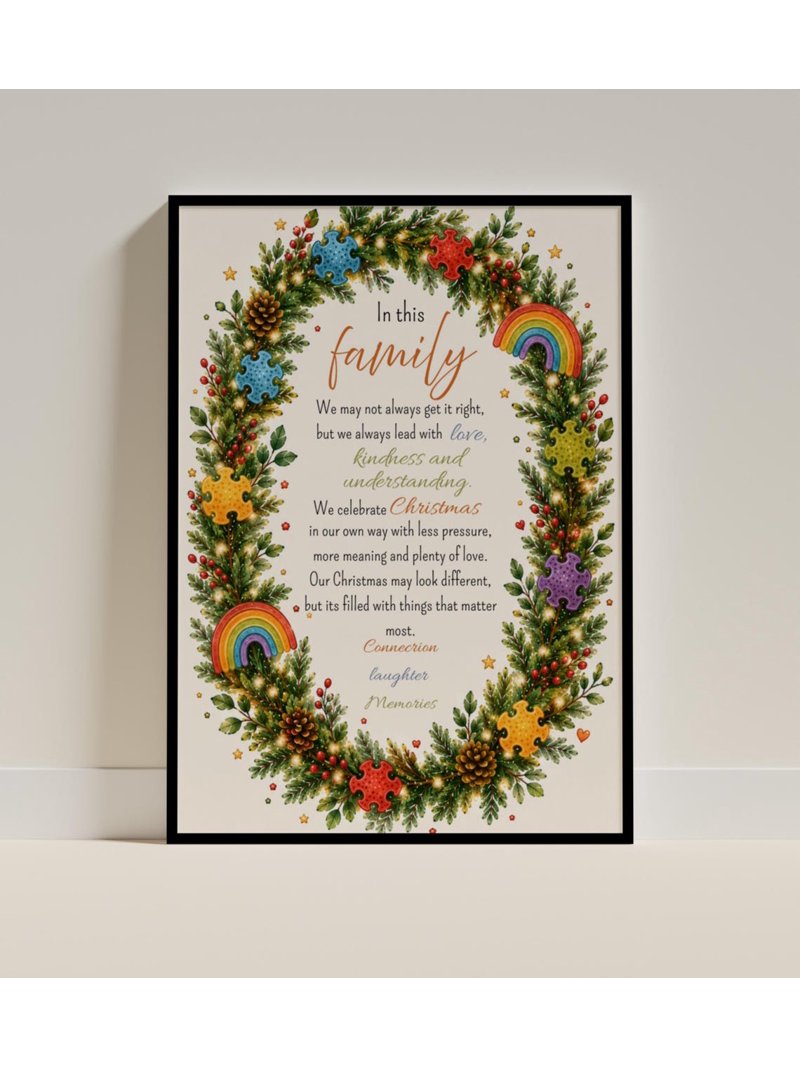 Autism Family Christmas Poem Wall Art Print, Rainbow Puzzle Pieces And ...