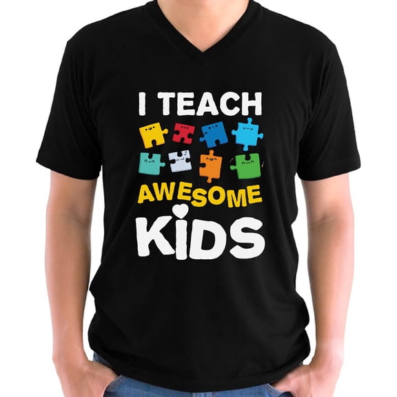 Autism I Teach Awesome Kids V-neck Shirt for Men Puzzle Awareness Mens S M L XL 2XL Graphic Tee