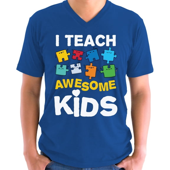 Autism I Teach Awesome Kids V-neck Shirt for Men Puzzle Awareness Mens S M L XL 2XL Graphic Tee