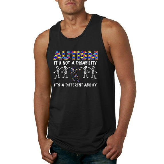 Autism Is Not A Disablity It's A Different Abilty | Autism Awareness Dabbing Skeleton Inspirational Christian Mens Graphic Tank Top, Black, 3X-Large
