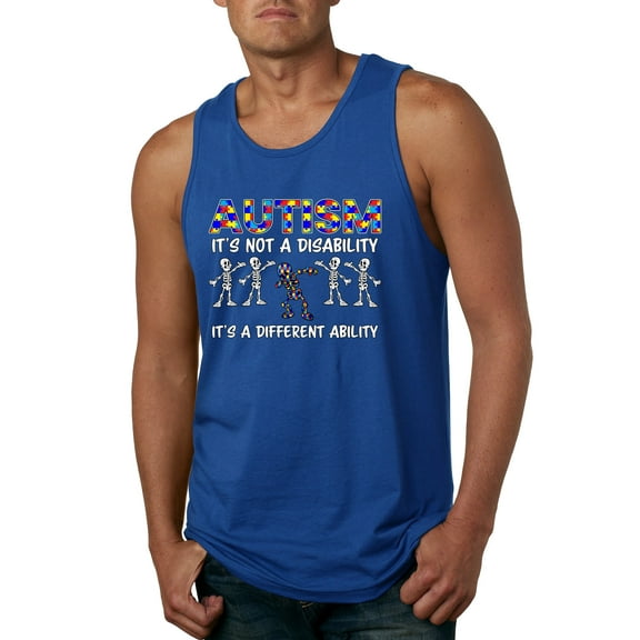 Autism Is Not A Disablity It's A Different Abilty | Autism Awareness Dabbing Skeleton Inspirational Christian Mens Graphic Tank Top, Royal, Medium