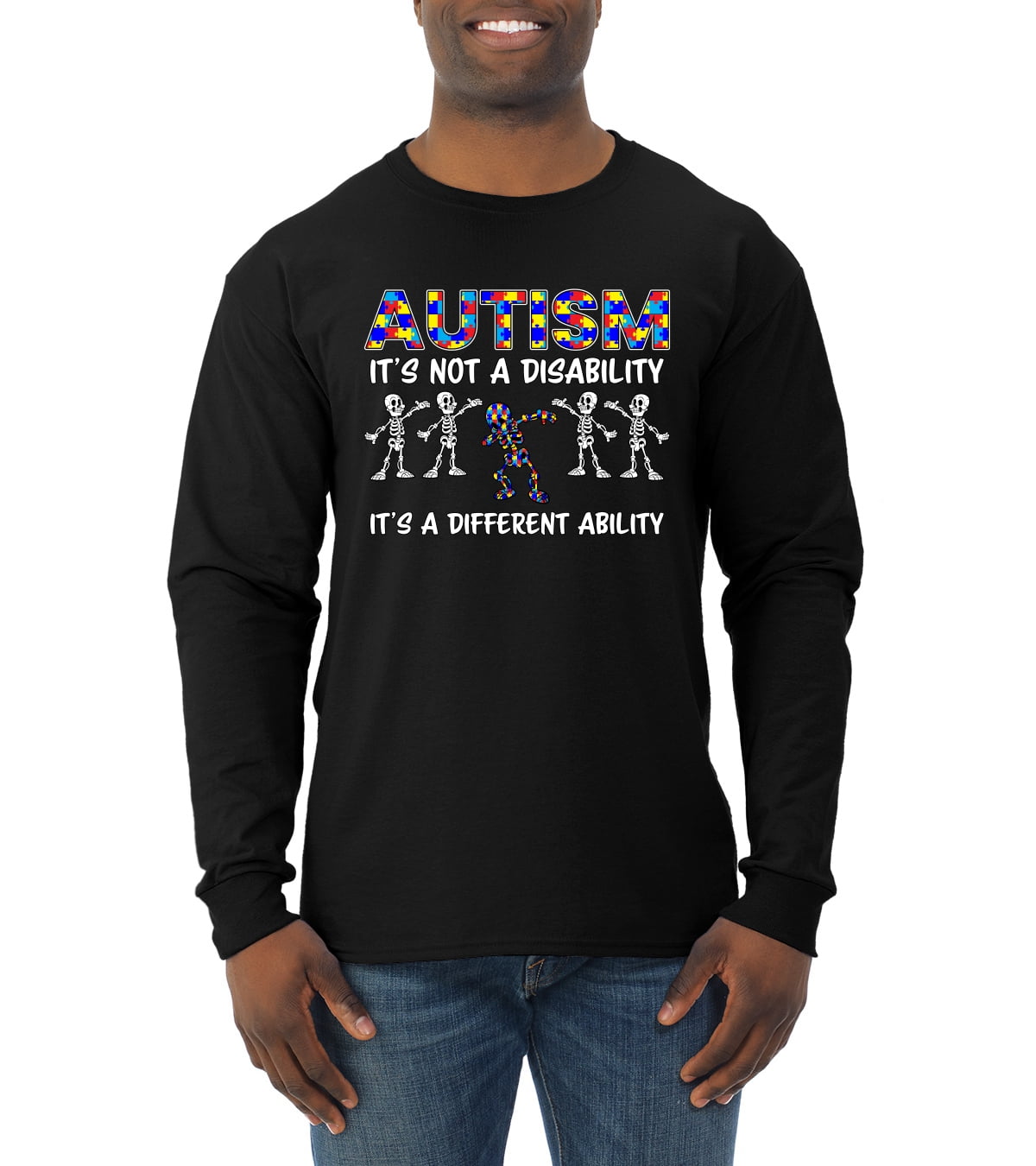 Autism Is Not A Disablity Itâ€™s A Different Abilty | Autism Awareness Dabbing Skeleton Inspirational Christian Mens Long Sleeve Shirt, Black, Medium