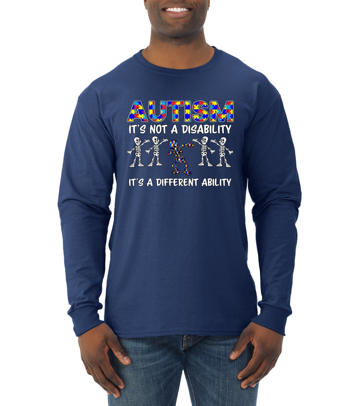 Autism Is Not A Disablity Itâ€™s A Different Abilty | Autism Awareness Dabbing Skeleton Inspirational Christian Mens Long Sleeve Shirt, Navy, Large