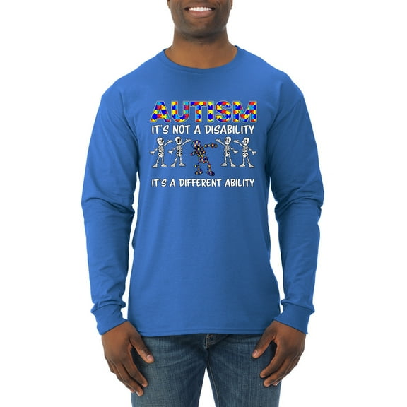 Autism Is Not A Disablity It's A Different Abilty | Autism Awareness Dabbing Skeleton Inspirational Christian Mens Long Sleeve Shirt, Royal, 3X-Large