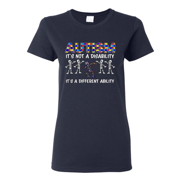 Autism Is Not A Disablity It's A Different Abilty | Autism Awareness Dabbing Skeleton Inspirational Christian Womens Graphic T-Shirt, Navy, Large