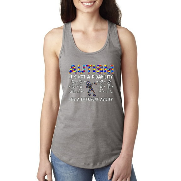 Autism Is Not A Disablity It's A Different Abilty | Autism Awareness Dabbing Skeleton Inspirational Christian Ladies Racerback Tank Top, Heather Grey, Large