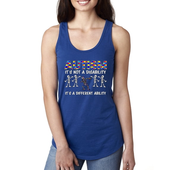 Autism Is Not A Disablity It’s A Different Abilty | Autism Awareness Dabbing Skeleton Inspirational Christian Ladies Racerback Tank Top, Royal, Large