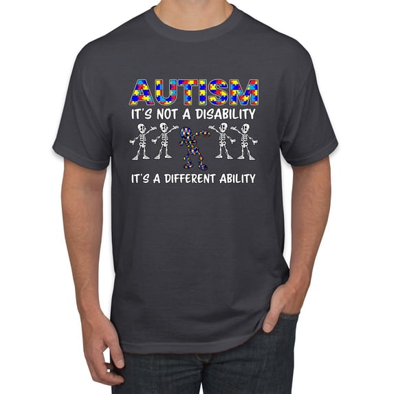 Autism Is Not A Disablity It’s A Different Abilty | Autism Awareness Dabbing Skeleton Inspirational Christian Men's Graphic T-Shirt, Charcoal, X-Large