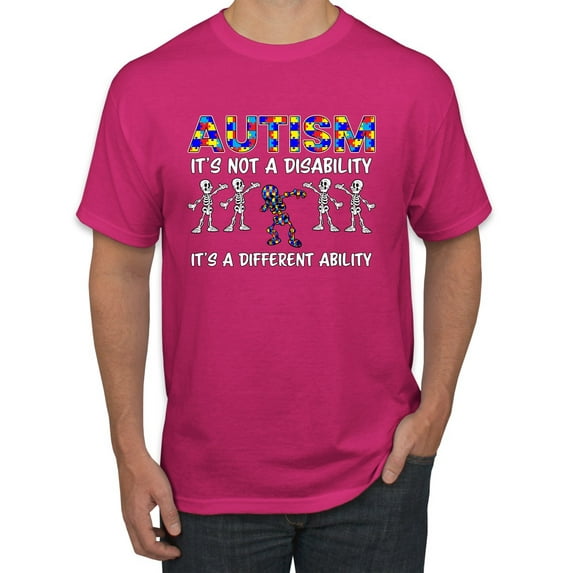 Autism Is Not A Disablity It’s A Different Abilty | Autism Awareness Dabbing Skeleton Inspirational Christian Men's Graphic T-Shirt, Fuschia, 5X-Large