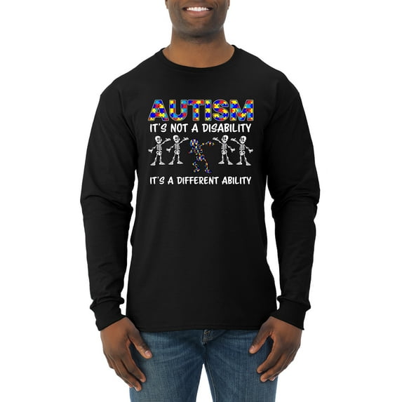 Autism Is Not A Disablity It’s A Different Abilty | Autism Awareness Dabbing Skeleton Inspirational Christian Mens Long Sleeve Shirt, Black, XX-Large