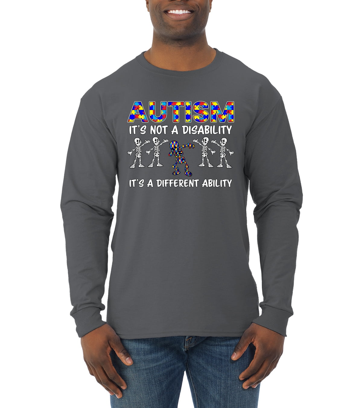 Autism Is Not A Disablity Itâ€™s A Different Abilty | Autism Awareness Dabbing Skeleton Inspirational Christian Mens Long Sleeve Shirt, Charcoal, XX-Large