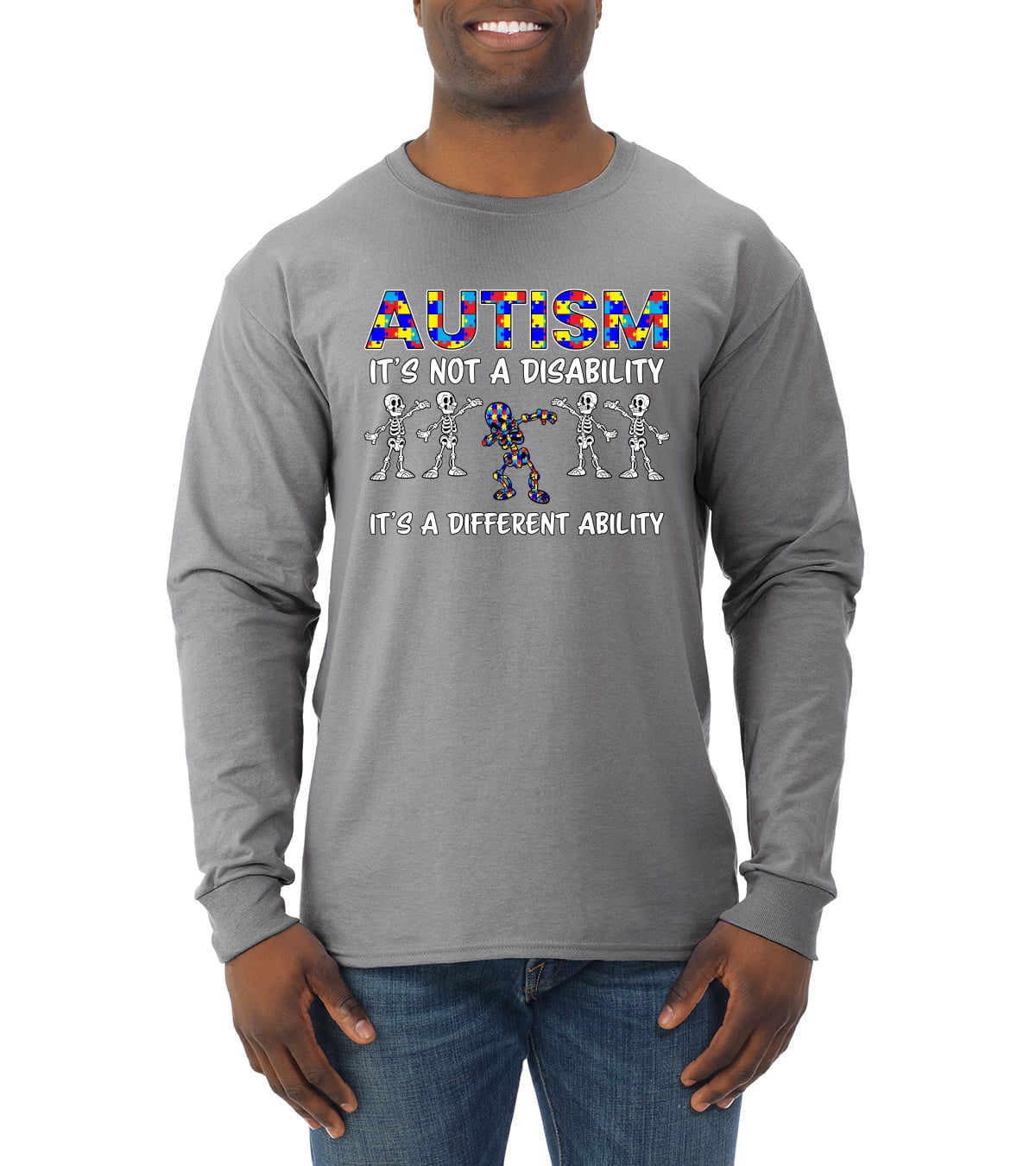 Autism Is Not A Disablity It's A Different Abilty | Autism Awareness Dabbing Skeleton Inspirational Christian Mens Long Sleeve Shirt, Heather Grey, XX-Large