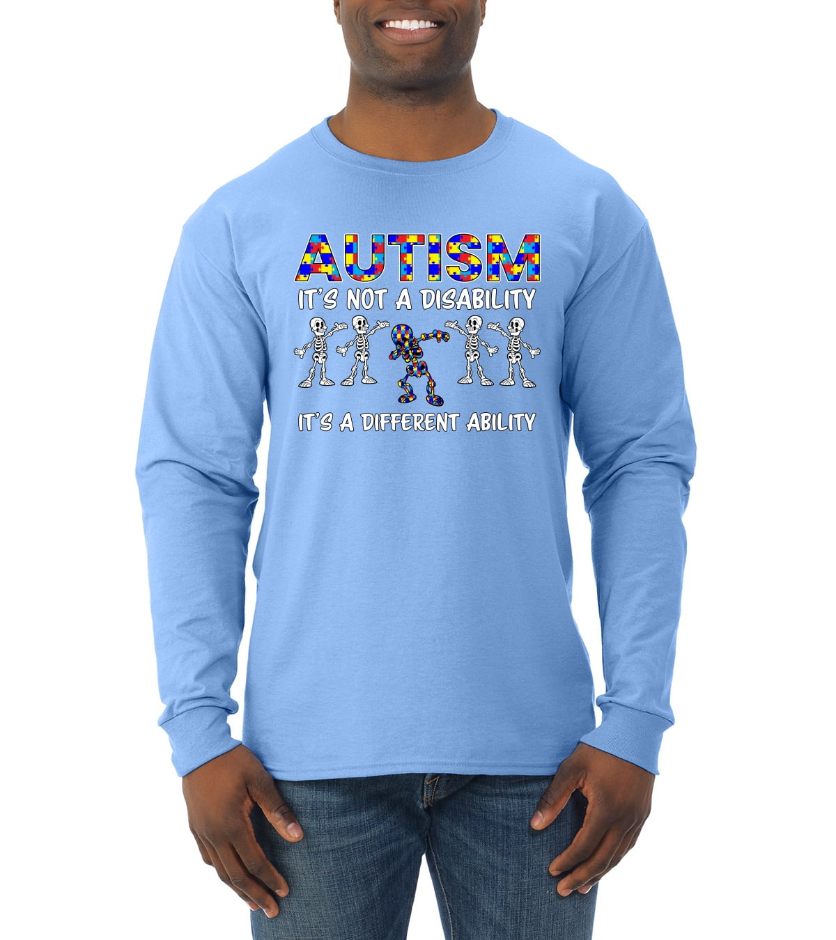 Autism Is Not A Disablity It's A Different Abilty | Autism Awareness Dabbing Skeleton Inspirational Christian Mens Long Sleeve Shirt, Light Blue, Large
