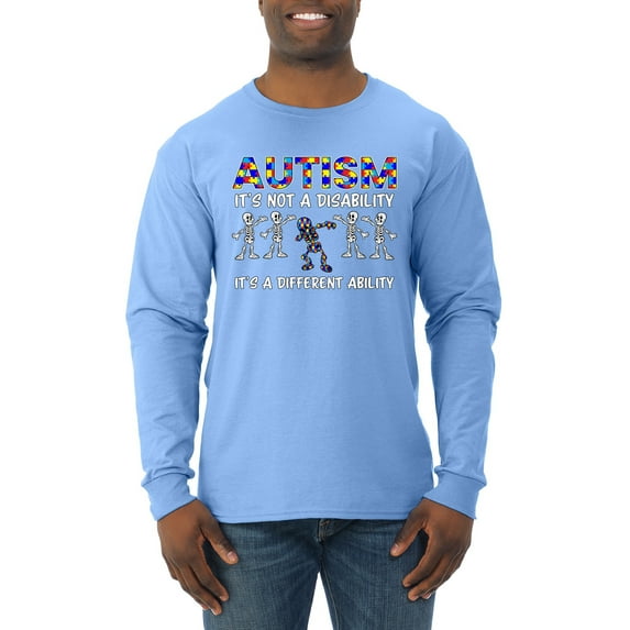 Autism Is Not A Disablity It’s A Different Abilty | Autism Awareness Dabbing Skeleton Inspirational Christian Mens Long Sleeve Shirt, Light Blue, XX-Large