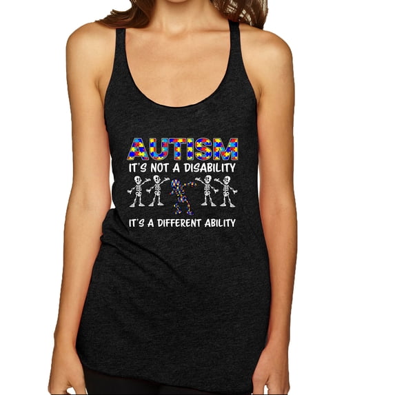 Autism Is Not A Disablity It’s A Different Abilty | Autism Awareness Dabbing Skeleton Inspirational Christian Tri-Blend Racerback Tank Top, Vintage Black, Small