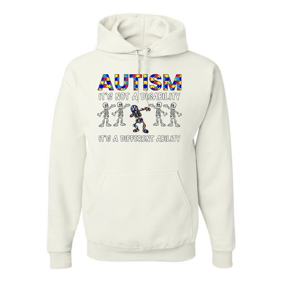 Autism Is Not A Disablity It’s A Different Abilty | Autism Awareness Dabbing Skeleton Inspirational Christian Unisex Graphic Hoodie Sweatshirt, White, Large