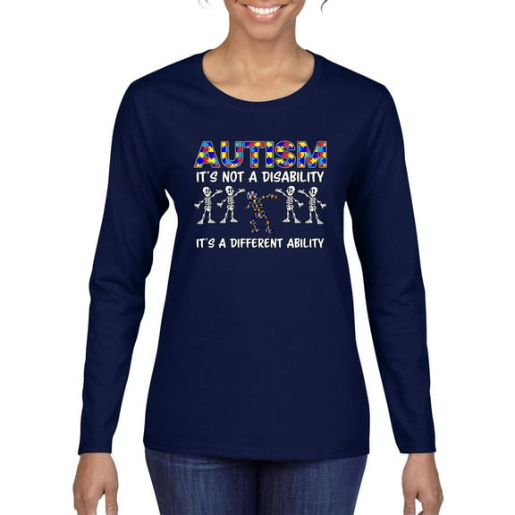 Autism Is Not A Disablity It's A Different Abilty | Autism Awareness Dabbing Skeleton Inspirational Christian Womens Graphic Long Sleeve T-Shirt, Navy, XX-Large