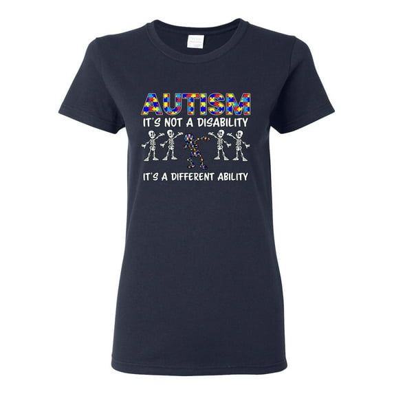 Autism Is Not A Disablity It’s A Different Abilty | Autism Awareness Dabbing Skeleton Inspirational Christian Womens Graphic T-Shirt, Navy, 3X-Large