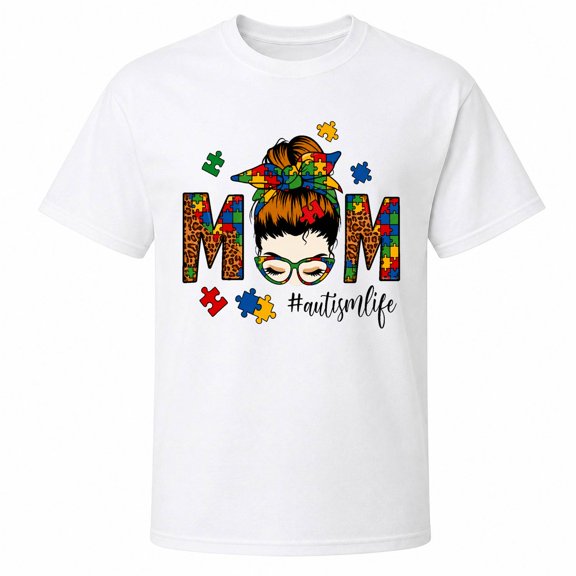 Autism Life Puzzle Pieces and Mom Hair Graphic T-Shirt, Unisex Classic Fit, Cotton Blend by Color, 180 GSM