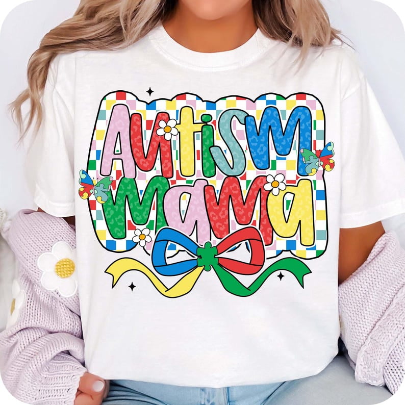 Autism Mama T-Shirt, In April We Wear Blue Tee, Autism Awareness Shirt, Coquette Checkered Bow Tee, Special Education Support Shirt