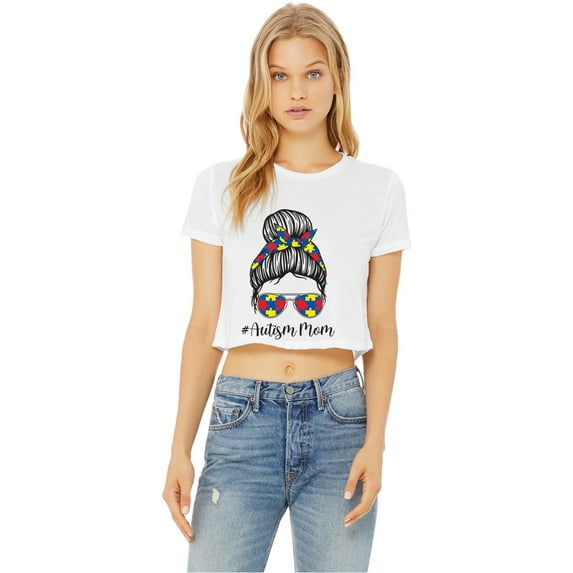 Autism Mom Bun Puzzle Pieces Womens Crop T-Shirt, Large White