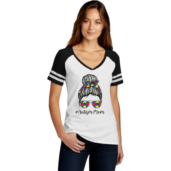 Autism Mom Bun Puzzle Pieces Womens Game V-neck T-shirt, Medium White/Black