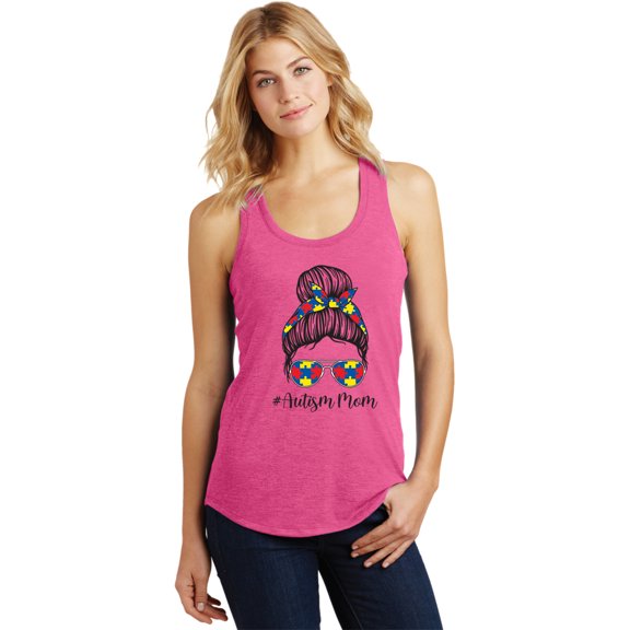 Autism Mom Bun Puzzle Pieces Womens Racerback Tank Top, Medium Fuchsia